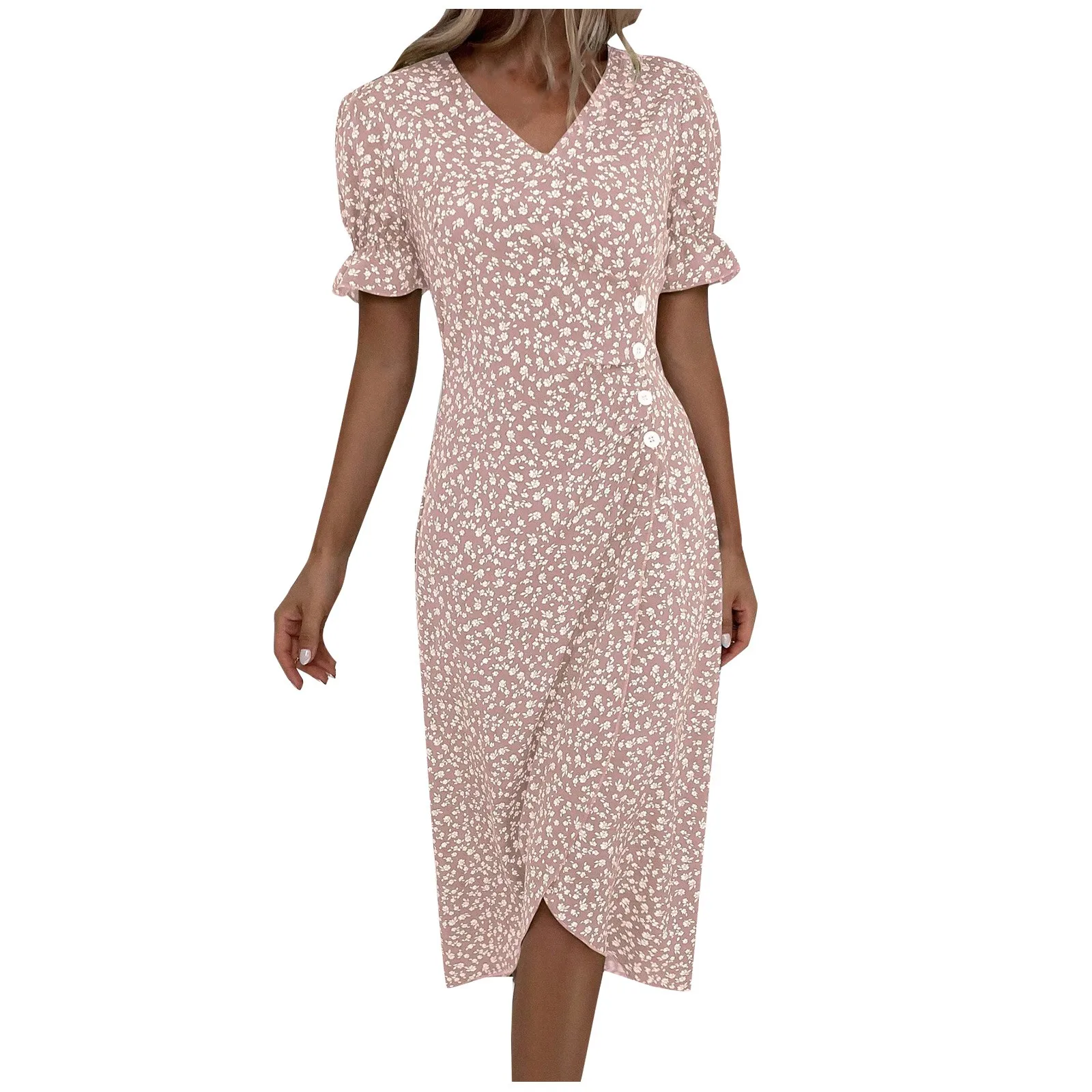 

Women'S Summer Casual Dress V Neck A-Line Boho Ditsy Floral Flounce Sleeve Wrap Hem Dress Robe Femme Chic Et éLéGante2024 New