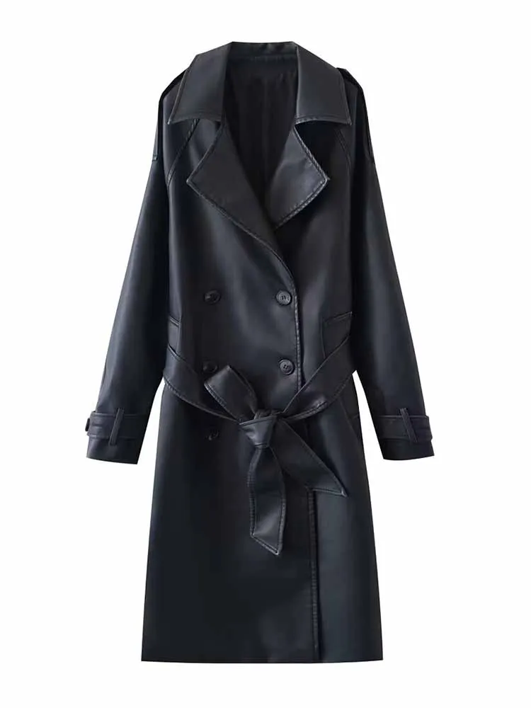 Autumn new women's fashion European and American casual versatile double-breasted belt with imitation leather windbreaker
Autumn new women's fashion European and American casual versatile double-breasted belt with imitation leather windbreaker
