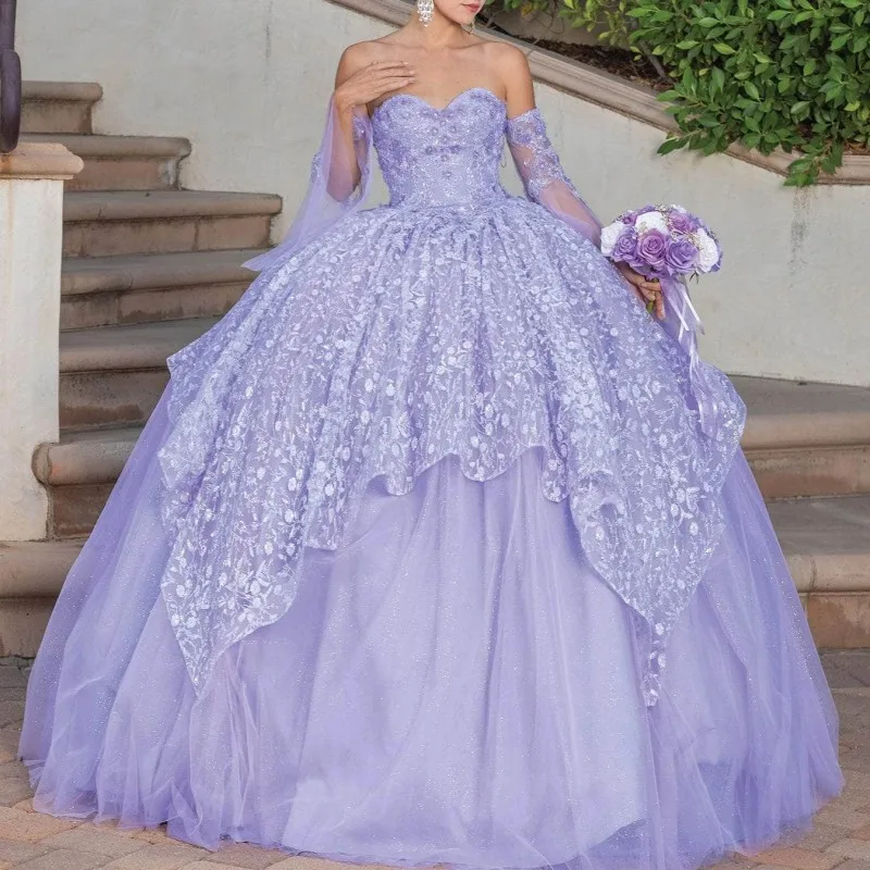 

Exquisite Lavender Quinceanera Dresses Lace Appliques Beading Tired Off the Shoulder Princess Ball Gown Custom Made For Sweet 16