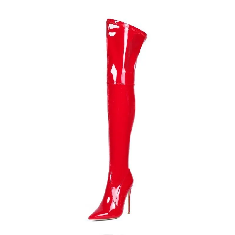 

2024 Winter Big Size 46 Sexy High Heels Over The Knee Boots Fashion Patent Leather Women's Thigh Boots With Back Zip Girl Shoes