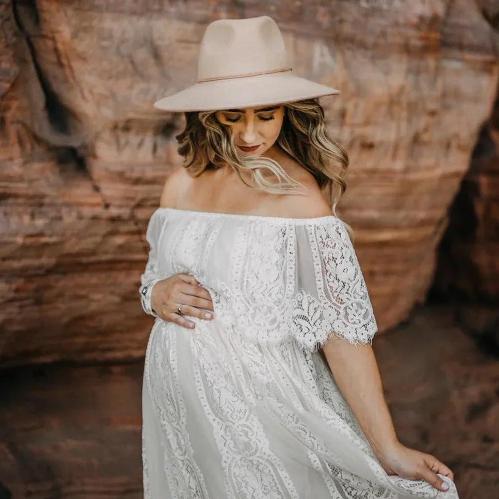 

Boho Lace Matenrity Long Dresses Slash Neck Ruffles Eyelashes Lace Pregnancy Photoshoot Dress Maternity Photography Dresses