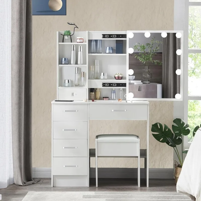 Makeup Vanity Desk with Mirror and Lights-Brightness Adjustable, White Makeup Vanity Table with Chair and Storage Drawers
Makeup Vanity Desk with Mirror and Lights-Brightness Adjustable, White Makeup Vanity Table with Chair and Storage Drawers