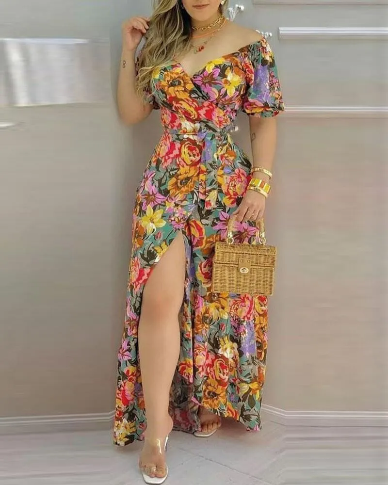 

Elegant Women's Dress 2024 Autumn New Fashion Sexy Puff Sleeve Off Shoulder Floral Print Split lace up Belted Wrap Maxi Dress