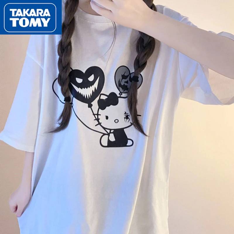 

TAKARA TOMY Summer Hello Kitty Couple Cotton Over Sized Round Neck Short Sleeve T-Shirt Girls Cute Simple Casual Half Sleeve Top