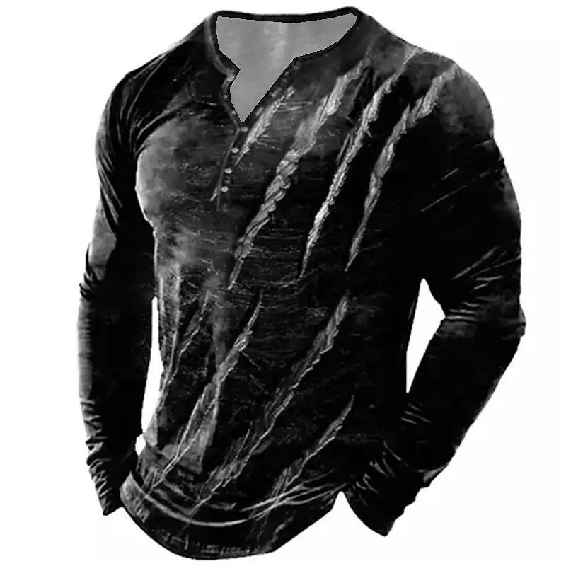 

Vintage Men's T Shirt Henley Shirt Graphic T-shirts Paw 3D Print Outdoor Daily Long Sleeve Oversized Tee Button-Down Men Clothes