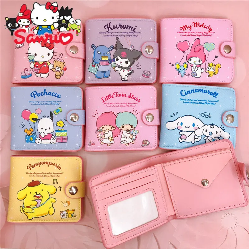 

MINISO Melody Kuromi Hello Kitty Cinnamoroll Pochacco's PU Casual Short 2-fold Coin Wallet Card Holder Leather Clip with Buttons