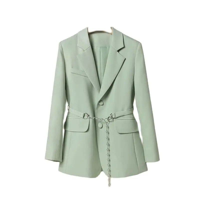 

Женский однобортный офисный Блейзер, элегантный светло-зеленый пиджак с отложным воротником и поясом, весна-осень 2022