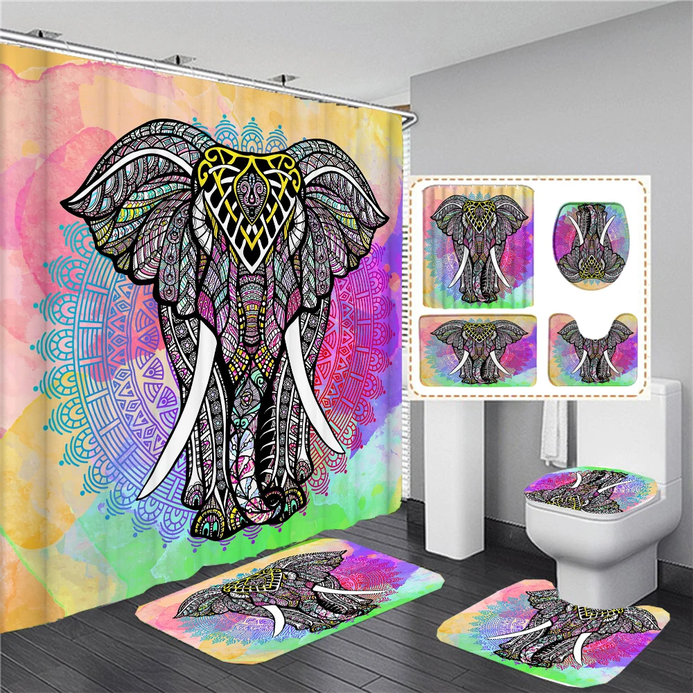 

Bohemian Elephant Print Shower Curtain Set Bath Mats Rugs Waterproof Bathroom Curtains Sets Anti-skid Rug Toilet Lid Cover Decor