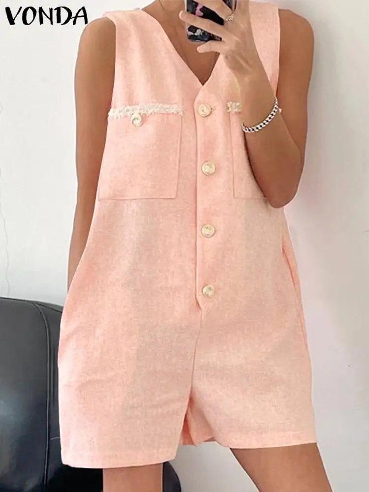 

Fashion Women Sleeveless Playsuits 2024 VONDA Summer V-neck Casual Solid Rompers Loose Buttons Short Jumpsuits Elegant Pants