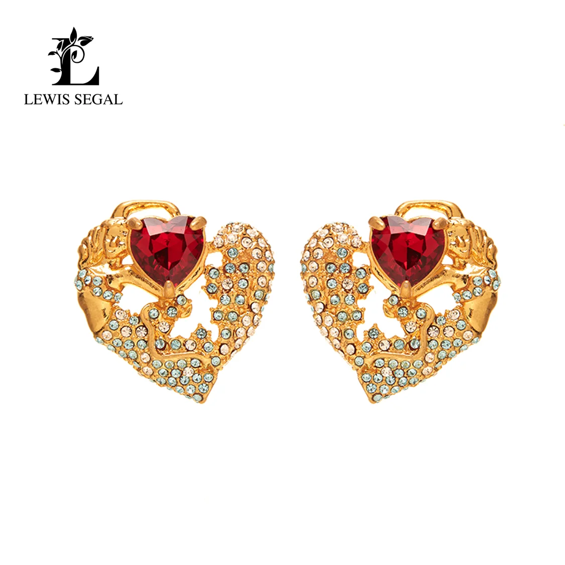 

Серьги-гвоздики Льюис Сегал в форме сердца с бриллиантами и рубинами для женщин в античном средневековом стиле для женщин с покрытием из 18-каратного золота
