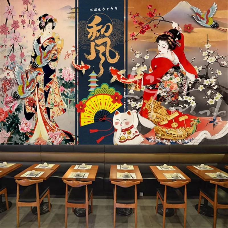 

Custom Japanese Geisha Wall Paper 3D Cuisine Shop Snack Bar Industrial Decor Mural Sushi Restaurant Wallpaper Papel De Parede 3d