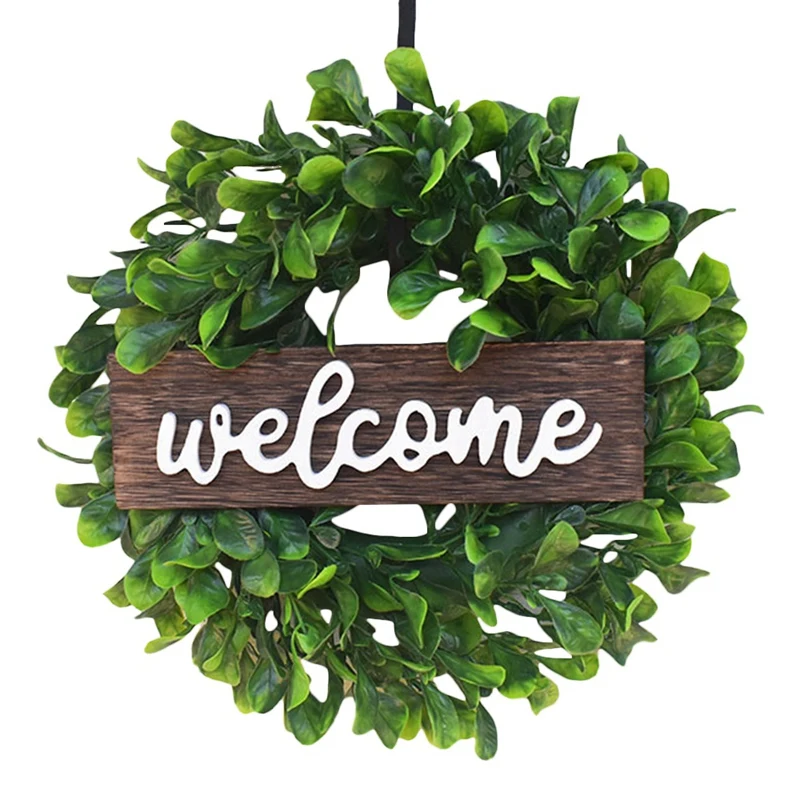 

HOT SALE Artificial Boxwood Wreath 12 Inch Welcome Wreath With Wooden Sign For Front Door Window Wall Wedding Home Decoration