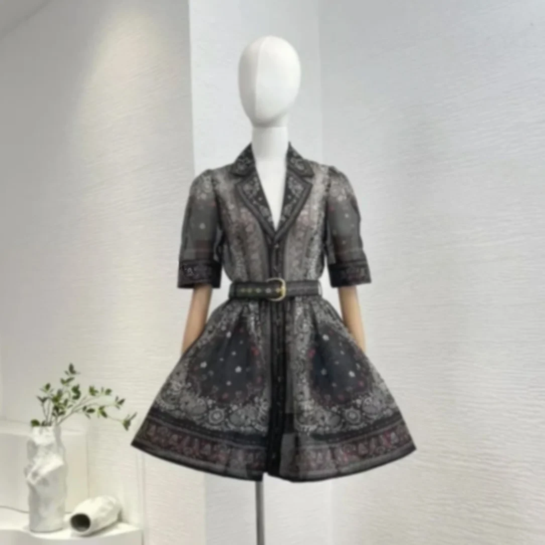 

2024 New Collection Silk Linen Black Paisley Print Vintage Short Sleeve Belted A-line Beige Women Mini Dress Bodycon Dress