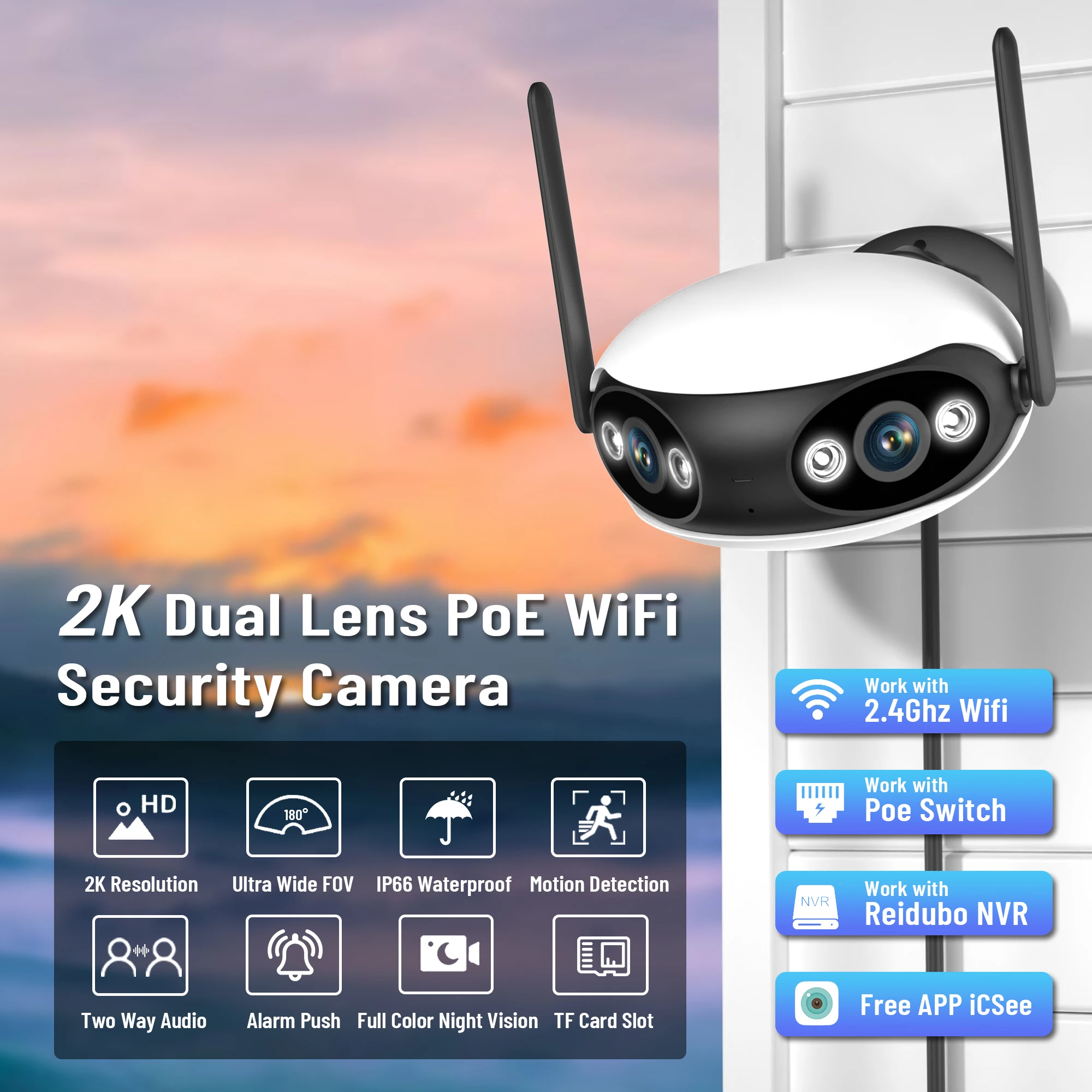 

4MP Dual Lens IP Camera POE Outdoor 2K HD WiFi Binocular Surveillance Security Cam CCTV 180° Wide Angle AI Detection Onvif ICsee