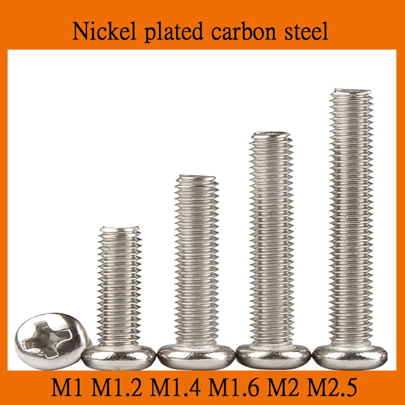 

10/20/50pcs Nickel Plated Carbon Steel Cross Phillips Round Pan Head Screw Bolt M1 M1.2 M1.4 M1.6 M2 M2.5