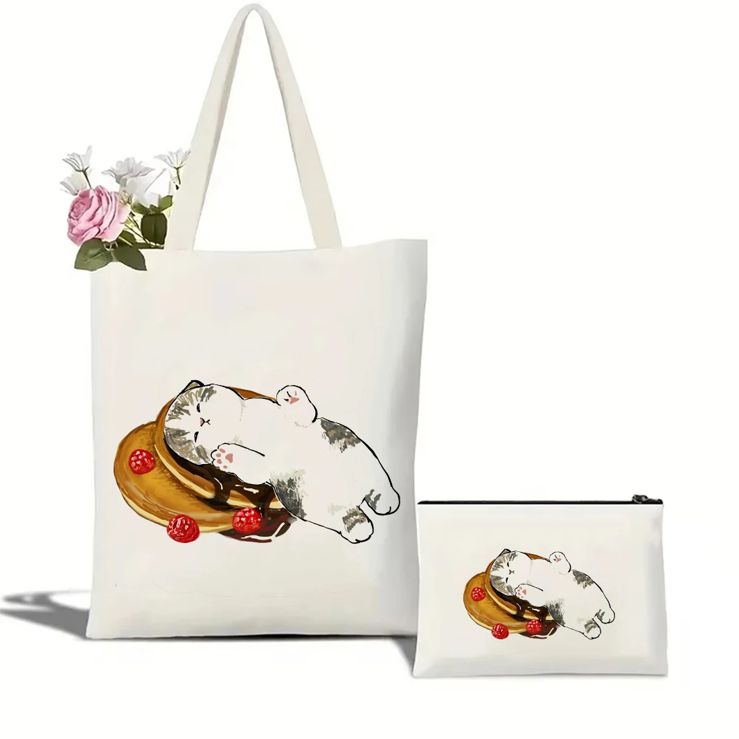 Cute Cats and Food Canvas Tote Bag - Adorable Creativity-Inspired Shoulder Bag 8 S0fc243f3afa64b2ab09f2939ec4eecd3d