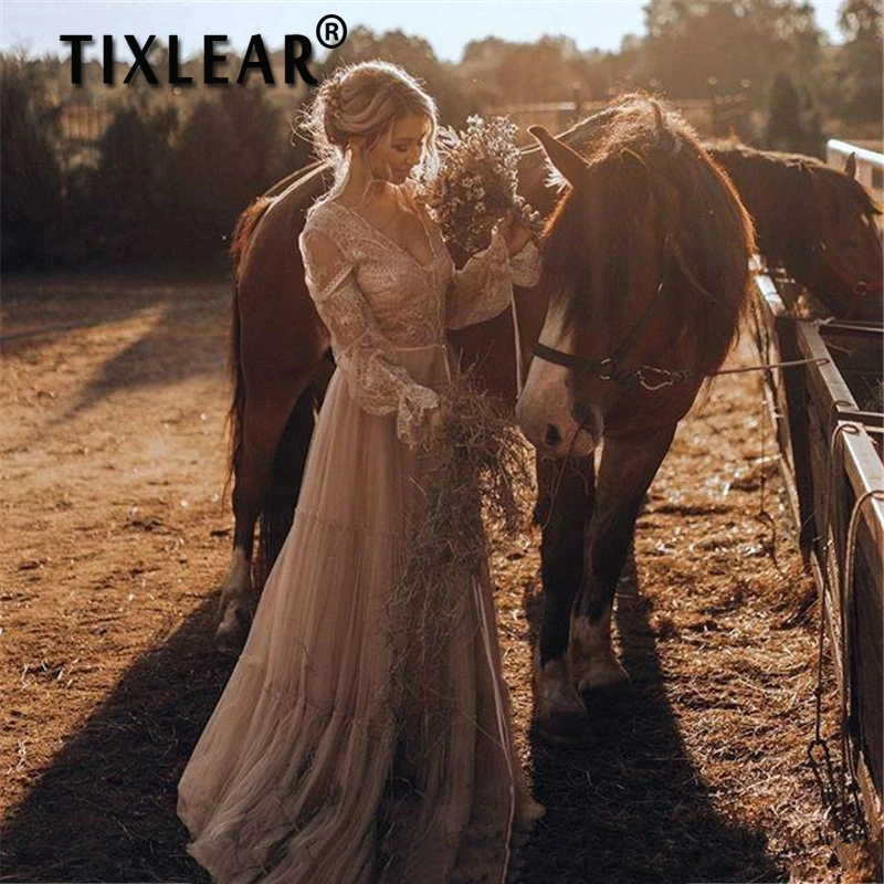 

Женское свадебное платье с кружевной аппликацией TIXLEAR, расширяющееся книзу платье с V-образным вырезом, открытой спиной и шлейфом в богемном стиле, 2023