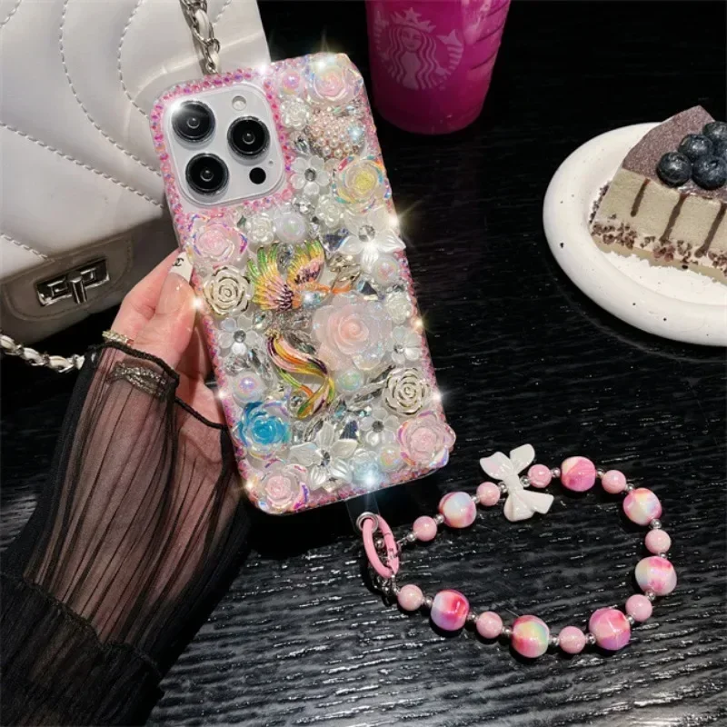 

Luxury Bling Flowers Diamond Colored Phoenix Rhinestone Case For Samsung Galaxy S24 S20 Plus S21 FE S22 23Ultra Note20 10 Cover