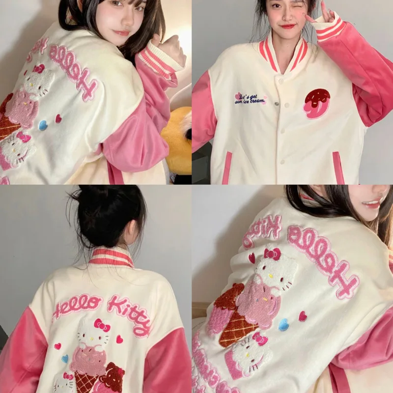 Бейсбольная куртка Hello Kitty с вышивкой, Толстовка для девочек, Осень-зима 2024, контрастный Повседневный тонкий толстый Свободный Топ на пуговицах для студентов
Бейсбольная куртка Hello Kitty с вышивкой, Толстовка для девочек, Осень-зима 2024, контрастный Повседневный тонкий толстый Свободный Топ на пуговицах для студентов