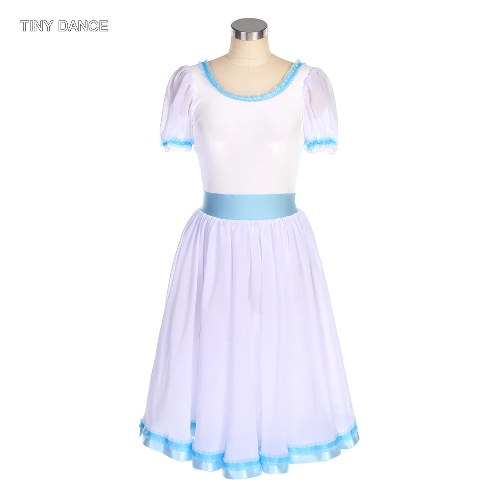 

Short Sleeves Ballet Dance Tutus Gilrs White Velvet Bodice with Blue Ribbon Trim in the Waist Attached Romantic Tutu Skirt 22557