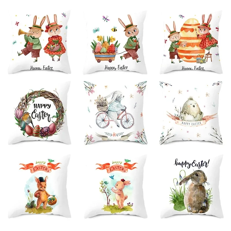 

Happy Easter Word Pillowcase Pillow Cover Cute Bunny Cushion Cover Garland Print Bedroom Living Room Sofa Decorative PillowCover