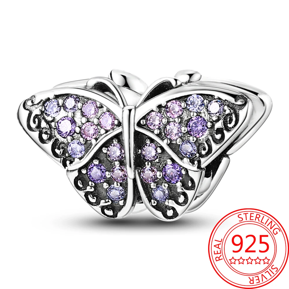 

Romantic Originality 925 Sterling Silver Colorful Purple Butterfly Moth Beaded Beads Fit Pandora Bracelet Boutique Dating Gifts