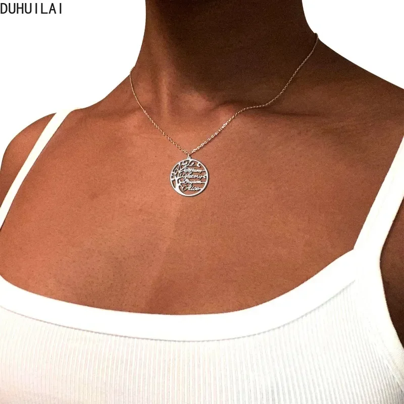 

Custom personalized stainless steel Tree of Life Disc Name Necklace Family Member Name Good Sister Choker Fashion high quality