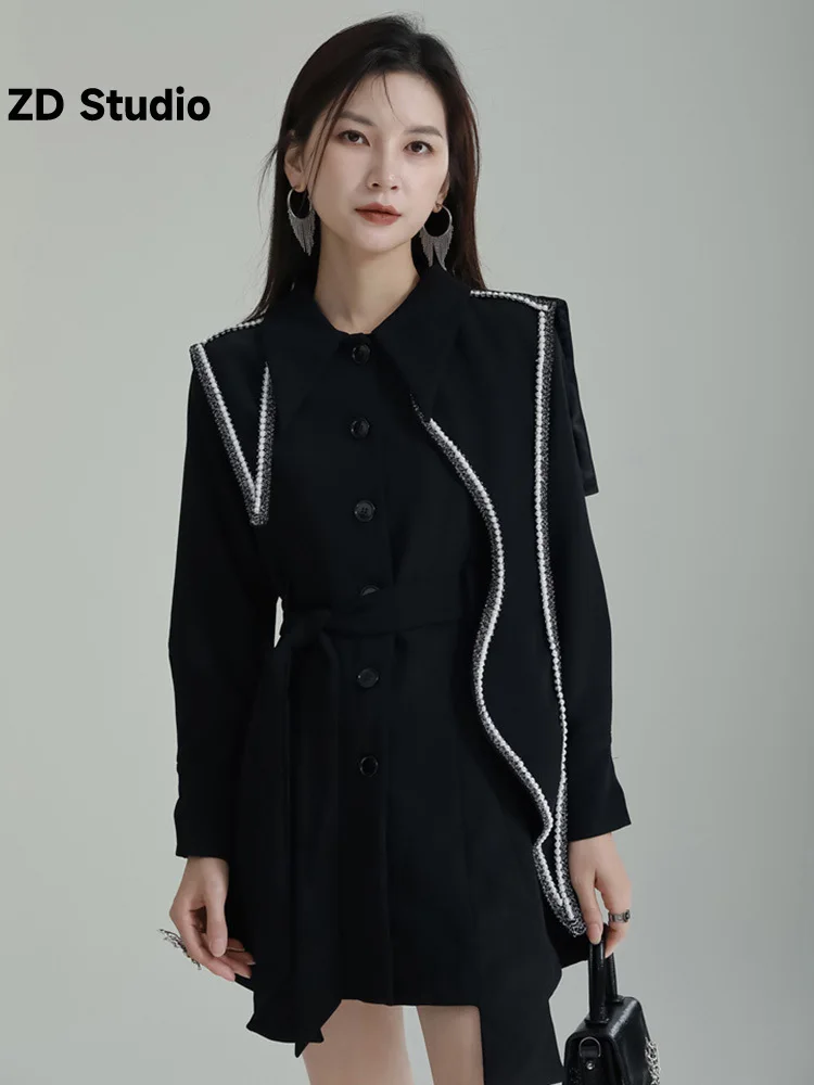 

Женское Асимметричное мини-платье [ZD Studio], черное свободное модное платье с отложным воротником и длинным рукавом, весна-осень 2023 1DF5098