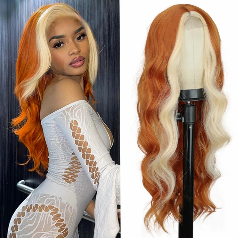

Ombre Highlight Blonde Body Wave Wig Piano Long Wavy Middle Part Lace Wig High Heat Resistant Synthetic Wig for Women Daily Use