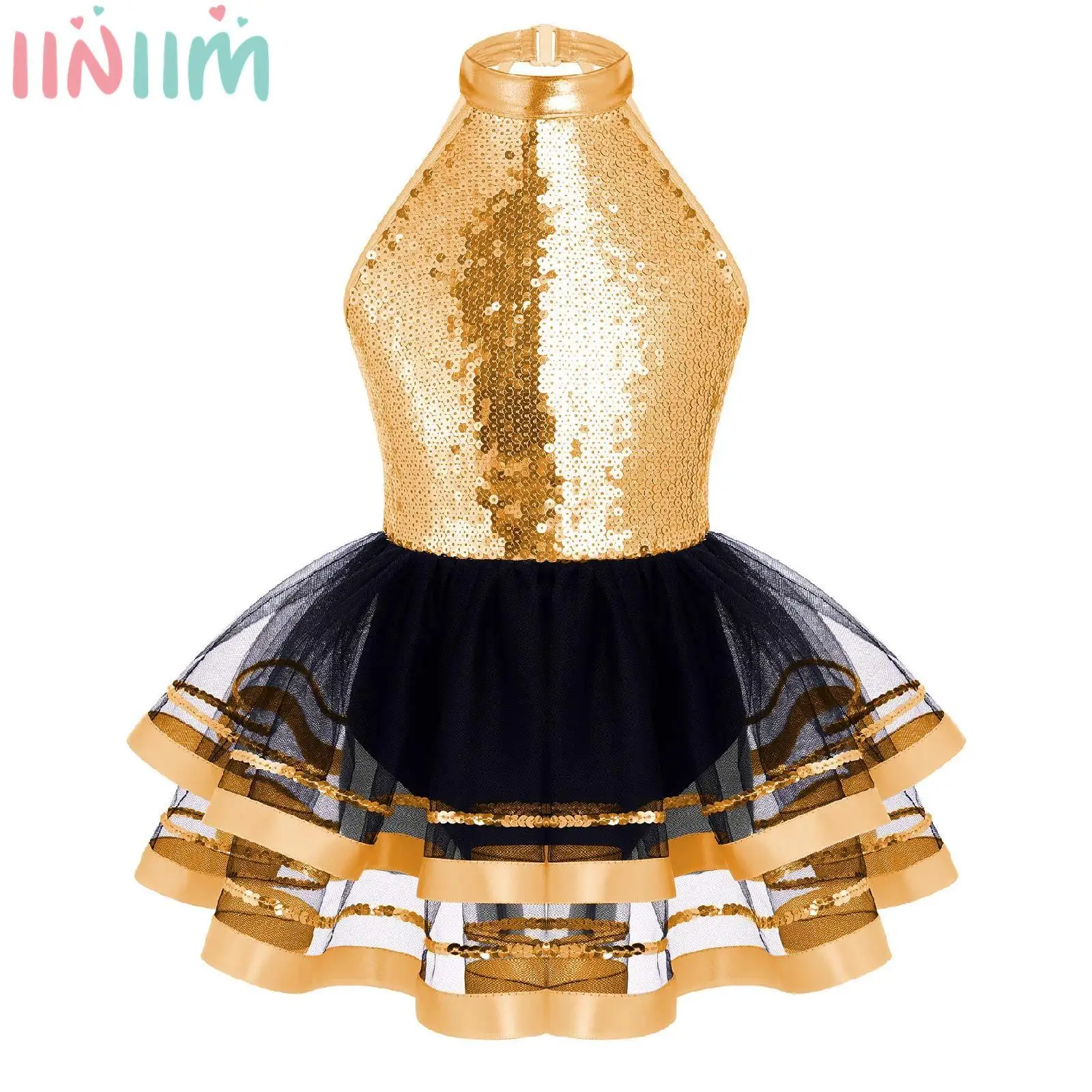 

Girls Sparkle Sequins Ballet Dance Tumbling Tulle Dress Kid Halter Gymnastics Leotards Modern Latin Jazz Skating Dancing Costume