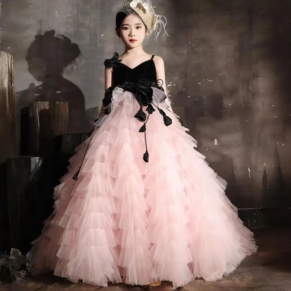 

Jill Wish Elegant Pink Dubai Girl Dress Flowers Arabic Princess Kids Wedding Birthday Party First Communion Ball Gown 2024 J269