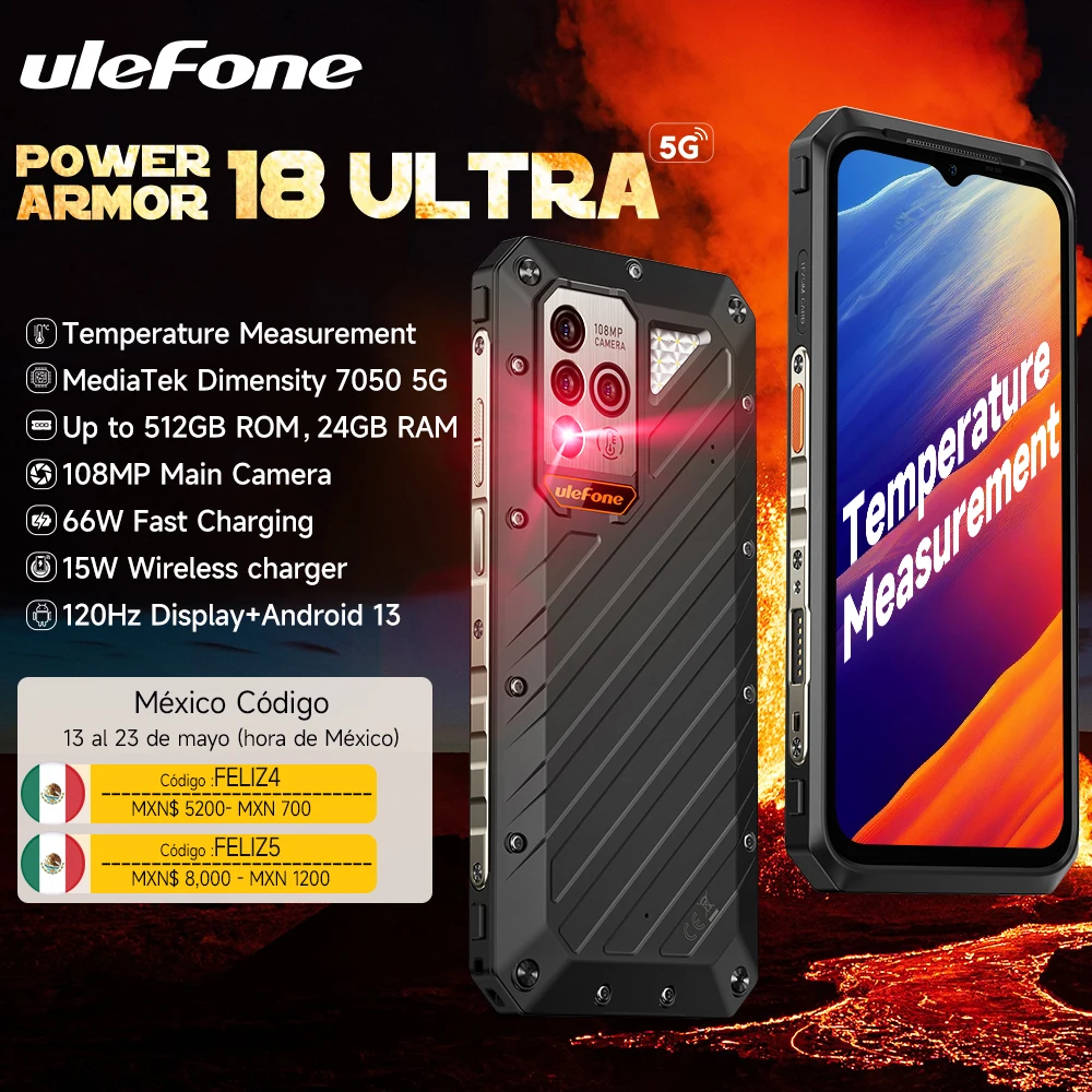 

Ulefone Power Armor 18 Ultra 5G Rugged Phone 512GB ROM +24GB RAM Android 13 6.58" 120Hz Smartphone 108MP Camera,9600 mAh 66W NFC