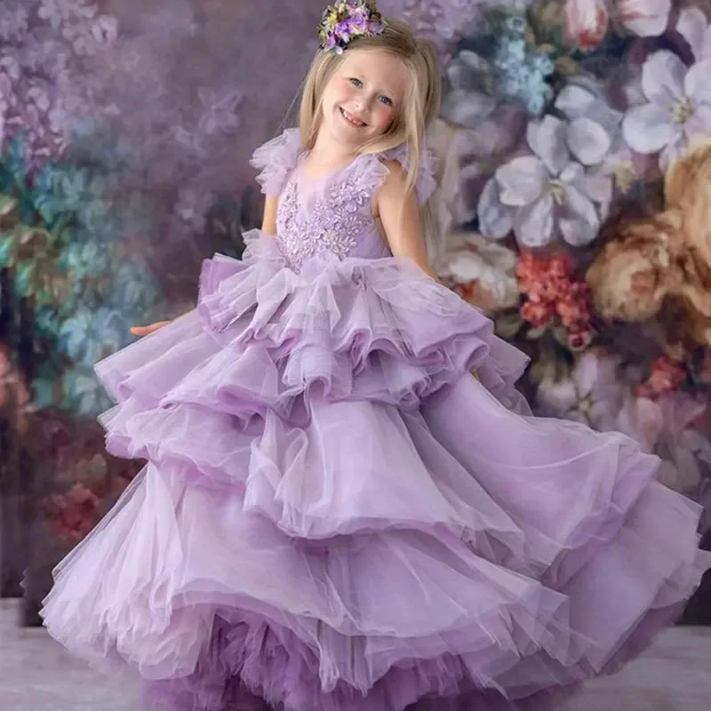 

Baby Girls Very Elegant Party Ball Gown Toddler Girls Puffy Lush Cocktail Banquet Prom Dress Long Tutu Princess Dresses Purple