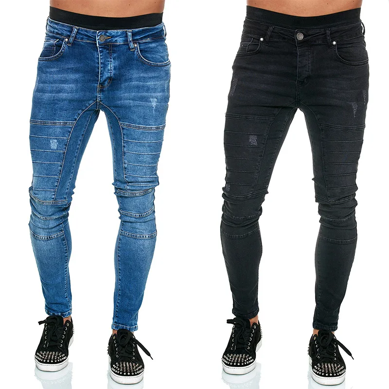 

Men Jeans Sheath Pencil Ankle Length Pants Mid Waist Pockets Spliced Moto Biker Washing Slim Fit Slight Strech 2024 Spring