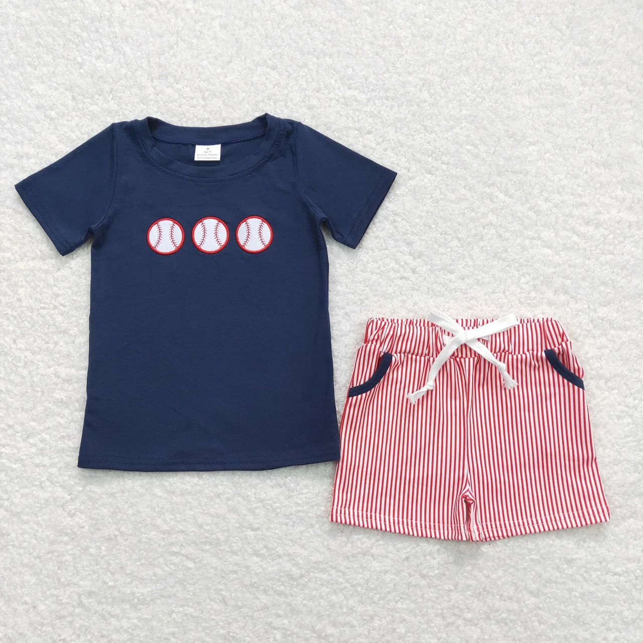 

Оптовая продажа, детские летние комплекты с вышивкой, хлопковые бейсбольные футболки с короткими рукавами, детские шорты с карманами в полоску, наряд для маленьких мальчиков
