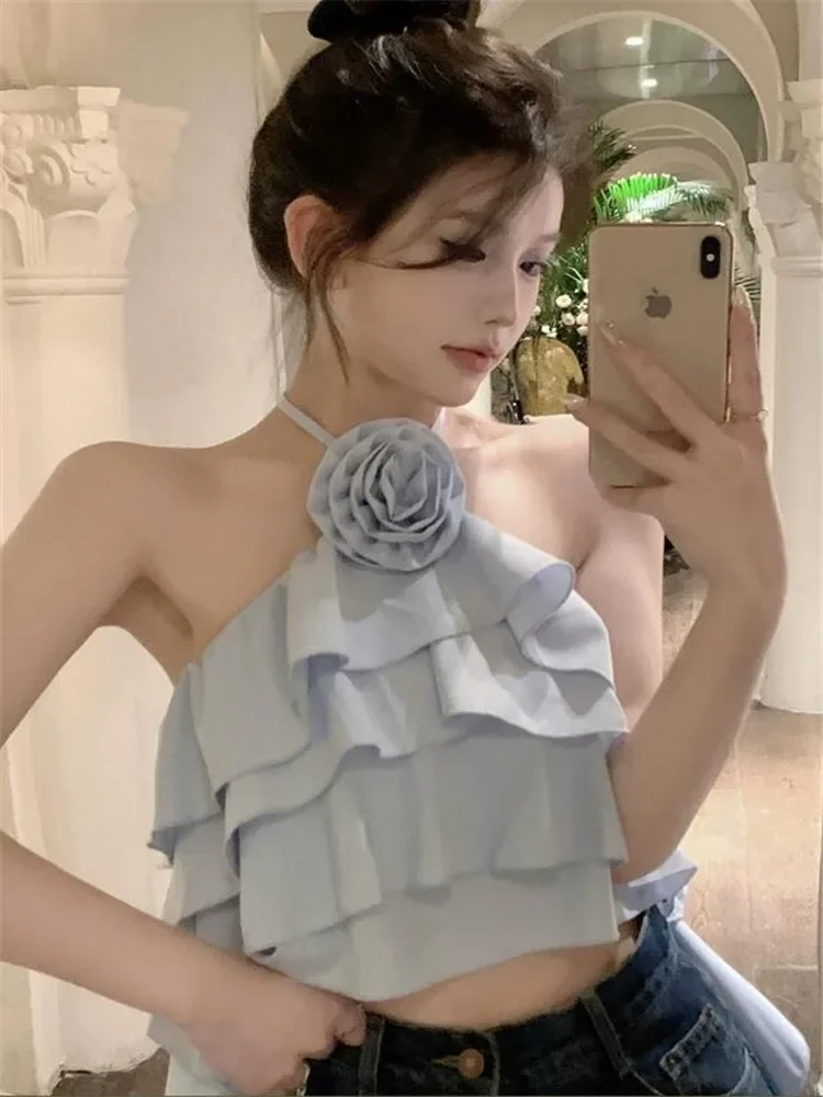Sexy Halter Strap Backless Ruffles Tank Top Pin White Blue Y2k Flower Short Fairy Shirt Summer Fashion Sleevelesss Chic Camis
Sexy Halter Strap Backless Ruffles Tank Top Pin White Blue Y2k Flower Short Fairy Shirt Summer Fashion Sleevelesss Chic Camis
