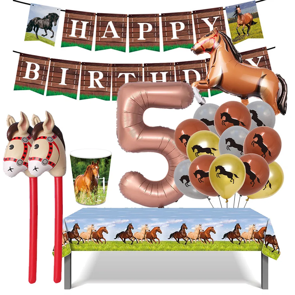 

Cowboy 5th Birthday Party Decoration Horse Foil Balloons Banner Tablecloth Western Theme 3th 4th 6th Birthday Party Supplies
