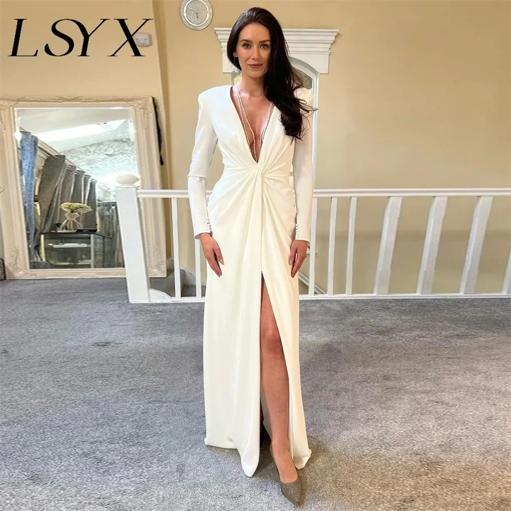 

LSYX Deep V-Neck Long Puff Sleeves Pleats Crepe Mermaid Wedding Dress 2023 Zipper Back High Side Slit Floor Length Bridal Gown