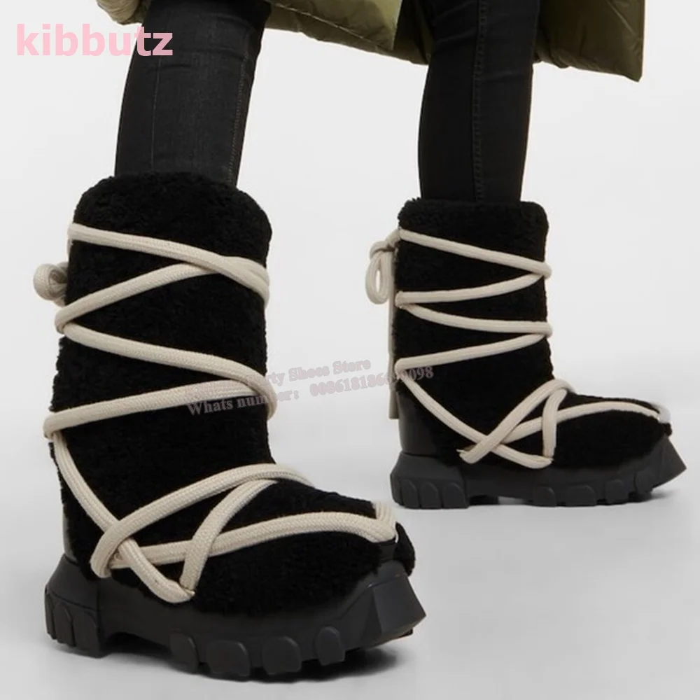

Lace-Up Shearling Mid Calf Boots Round Toe Height Increasing Furry Cross Strap Slip On Solid Color Black Fashion Concise Shoes
