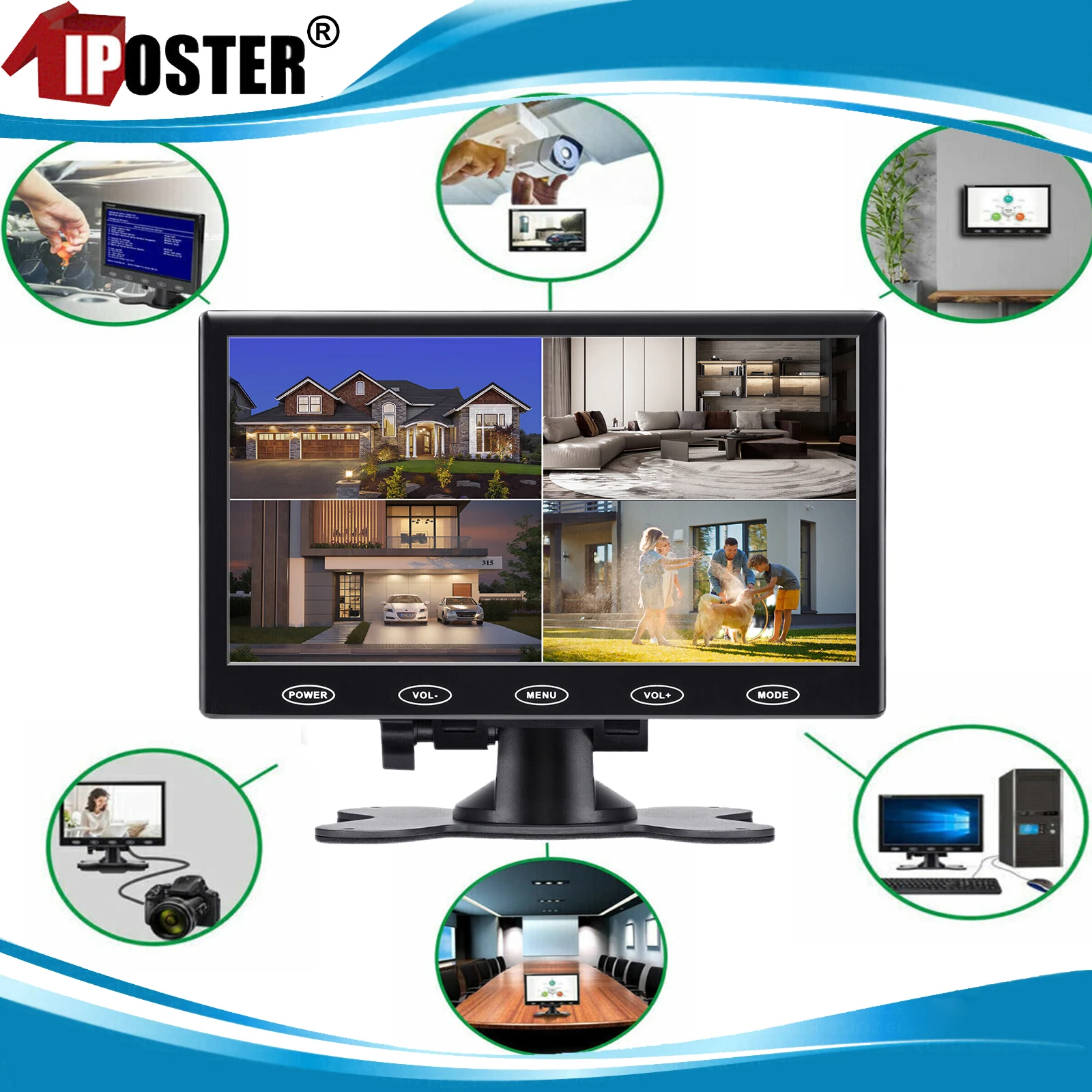 

iPoster 7" Portable HD Monitor LCD Screen Built-in AV VGA HDMI Speaker AV for PC Car Digital Camera 4 Split Screen For RV Bus