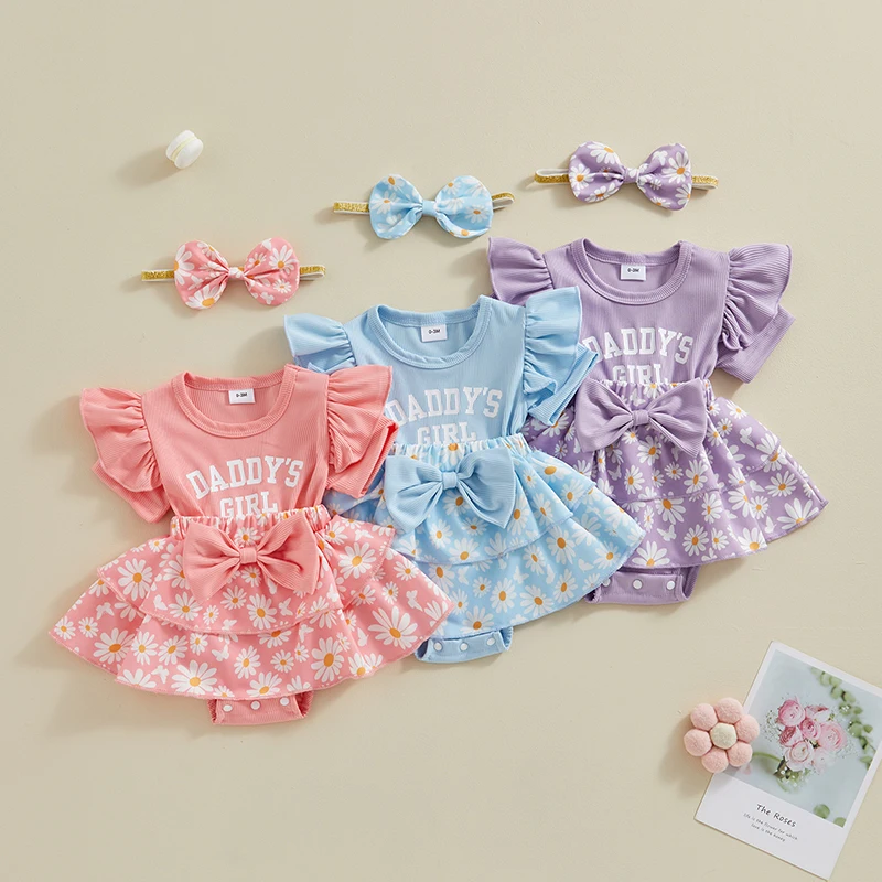 

Newborn Baby Girls Summer Romper Dress Flying Sleeve Letter Daisy Print Patchwork Bodysuits with Headband Set Infant Clothes