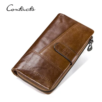 CONTACTS Genuine Leather Wallets for Men Long Vintage Bifold Mens Wallet Zipper Coin Purses Card Holders Money Clips Handbags