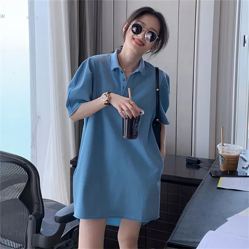 

DAYIFUN Summer Dresses Women Contrast Polo Neck Design Feel Loose Fitting Dress Female Casual Large Size 100KG Women's Clothing