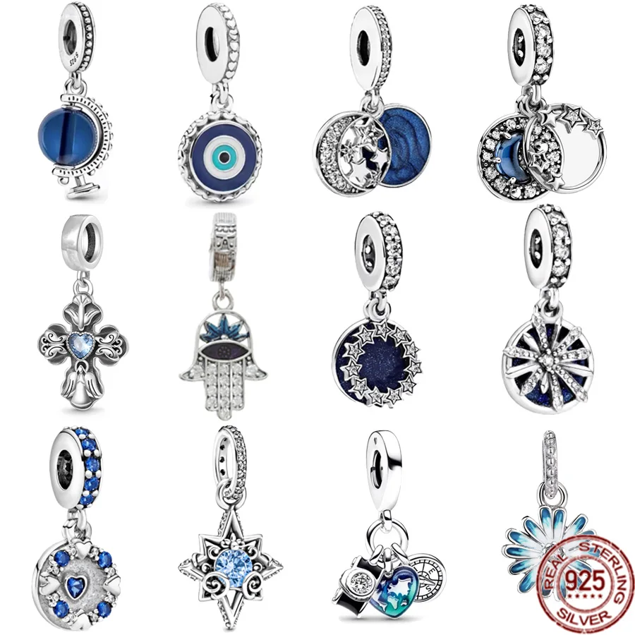 

NEW 925 Sterling Silver Blue Spinning Globe & Evil Eye Dangle Charm Bead Fit Original Pandora Bracelet Bangle Women Jewelry Gift