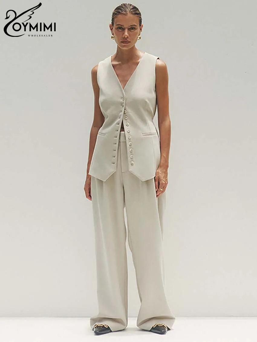

Модный абрикосовый комплект из двух предметов Oymimi для женщин, элегантный топ на пуговицах с V-образным вырезом и простые прямые длинные брюки, Женский комплект