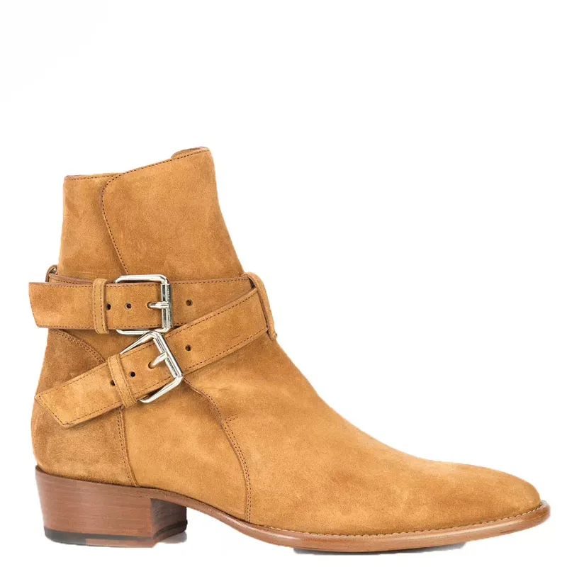 

British Style Double Straps Buckle Tan Cow Suede Ankle Boots Pointed Toe Men Square Heel Slip On Chelsea Boots Zapatos Hombres