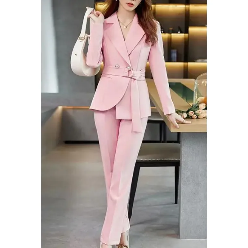 

Insozkdg Autumn Vintage Casual Lace Up Blazer Wide Leg Pant Set Commuter Solid Pearl Buckle Waist Wrapped Suit Pant 2 Piece Set