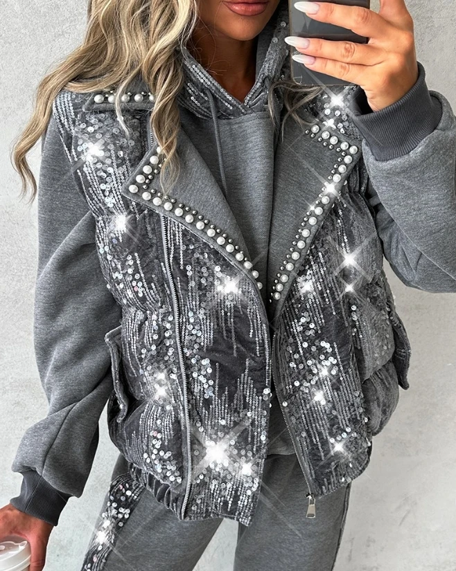 

Y2K Coat for Woman 2023 Autumn and Winter New Fashion Contrast Sequin Pearls Decor Vest Puffer Coat Solid Jacket Streetwear