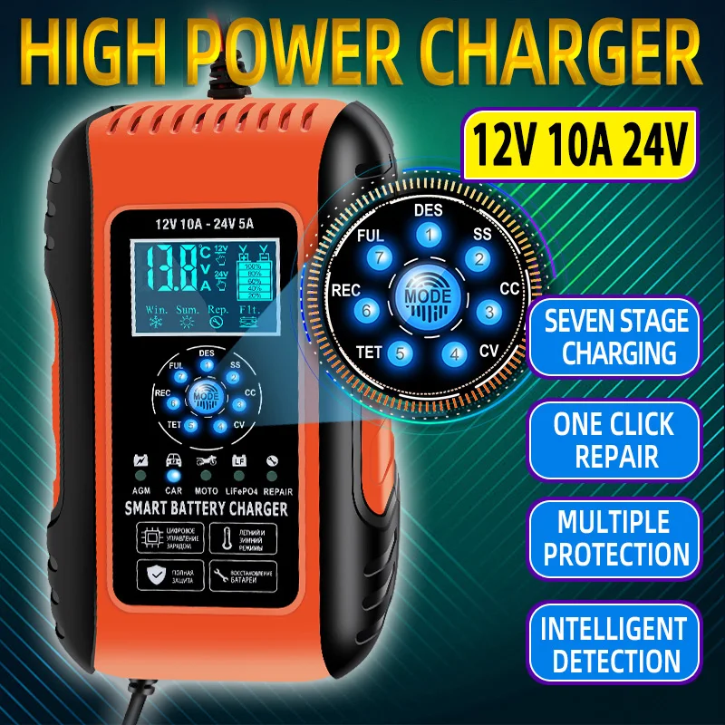7-Stage Automatic Charging Car Battery Charger 12V 10A 24V 5A Pulse Repair Chargers for Car Motorcycles Truck Lawn Mower
7-Stage Automatic Charging Car Battery Charger 12V 10A 24V 5A Pulse Repair Chargers for Car Motorcycles Truck Lawn Mower
