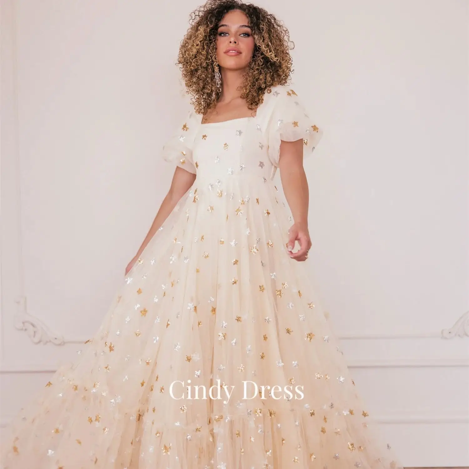 

Cindy Star Square Neck Layered Short Sleeve Champagne Gala Dress Elegant and Pretty Women's Dresses Sharon Happy 2023 Party Prom